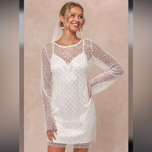 Lulus Glowing Charisma White Sequin Pearl Mesh Long Sleeve Mini Dress